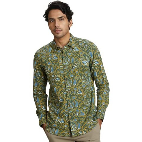 Amazon Brand - Symbol Men's Regular Fit Cotton Ethnic Shirt Green/Blue Xl