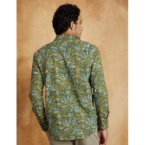 Amazon Brand - Symbol Men's Regular Fit Cotton Ethnic Shirt Green/Blue Xl