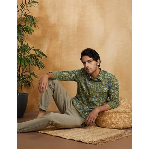Amazon Brand - Symbol Men's Regular Fit Cotton Ethnic Shirt Green/Blue Xl