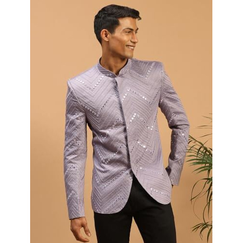 Vastramay Men's Purple Viscose Jodhpuri | Mirror Work Embellished Viscose Jodhpuri Coat For Men