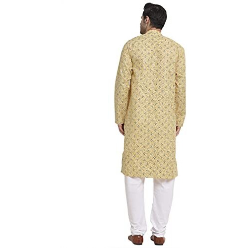 Kraft India Men Cotton Regular Fit Yellow Printed Kurta Pyjama Set Size X-Large