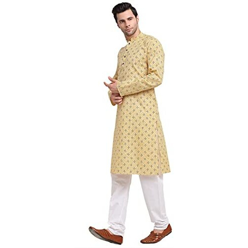 Kraft India Men Cotton Regular Fit Yellow Printed Kurta Pyjama Set Size X-Large