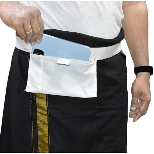 Tuni Mani Men's Apparel/Dhoti Belt With Welcro Sticker With Pocket/Pouch, 1.4Meter X 1.5Inches (Pack Of 2) White