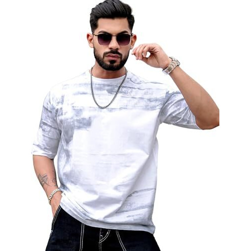 Maniac Mens Spray Print Round Neck 3/4Th Sleeve White And Grey Cotton Oversized T-Shirt