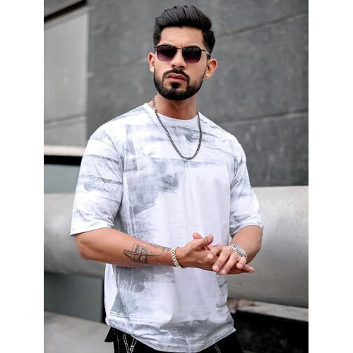 Maniac Mens Spray Print Round Neck 3/4Th Sleeve White And Grey Cotton Oversized T-Shirt