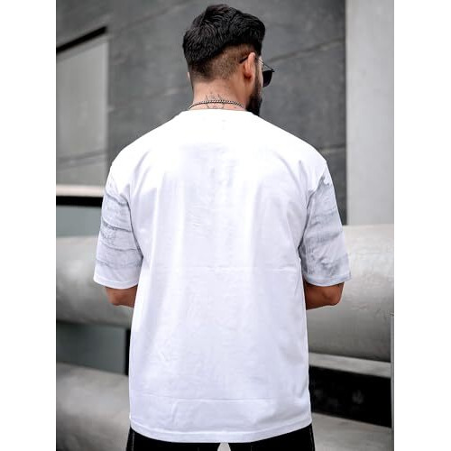 Maniac Mens Spray Print Round Neck 3/4Th Sleeve White And Grey Cotton Oversized T-Shirt