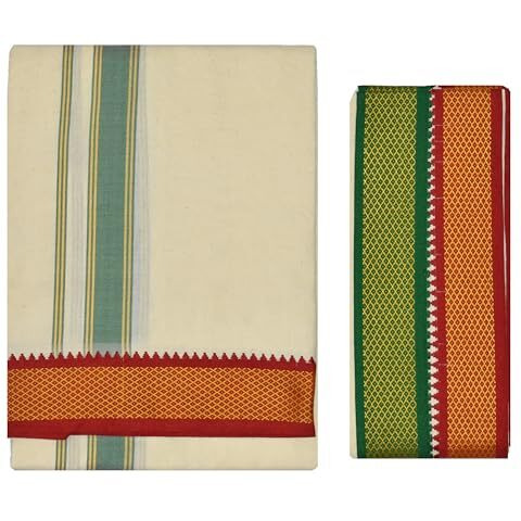 Tuni Mani Padayappa Border Men's Cotton Temple Wear Dhoti (Dhoti With Towel, Off-White)