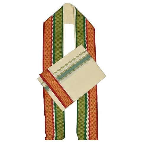 Tuni Mani Padayappa Border Men's Cotton Temple Wear Dhoti (Dhoti With Towel, Off-White)
