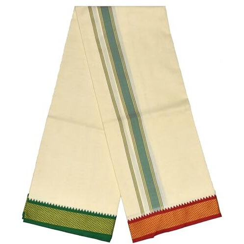 Tuni Mani Padayappa Border Men's Cotton Temple Wear Dhoti (Dhoti With Towel, Off-White)