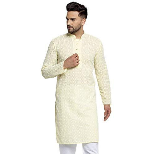 Jompers Men's Embroidered Pure Cotton Kurta. (Yellow,M)