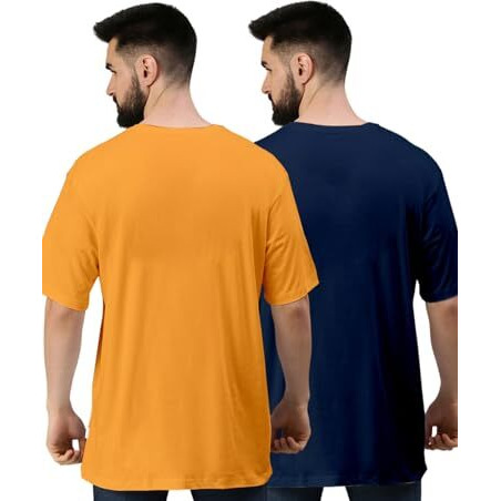 Veirdo Navy & Mustard Oversized Baggy Fit Drop Shoulder Half Sleeves Round Neck Solid Pure Cotton T-Shirt For Men (Po2_Os_100_Ny_Mt_S)