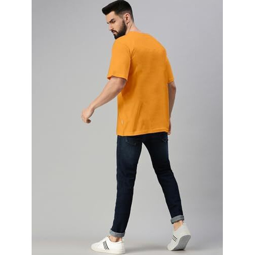 Veirdo Navy & Mustard Oversized Baggy Fit Drop Shoulder Half Sleeves Round Neck Solid Pure Cotton T-Shirt For Men (Po2_Os_100_Ny_Mt_S)