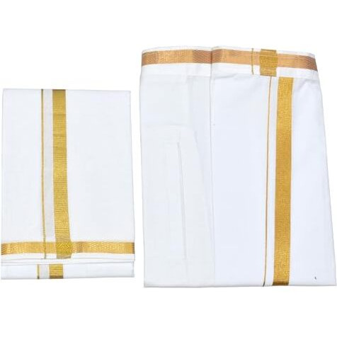 Tuni Mani Men's Cotton Welcro Dhoti With Angavastram/Pocket Vesti/Zari Border/White/Free Size Adjustable For All Size (Single Dhoti With Towel)
