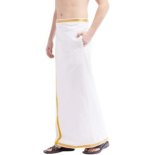 Tuni Mani Men's Cotton Welcro Dhoti With Angavastram/Pocket Vesti/Zari Border/White/Free Size Adjustable For All Size (Single Dhoti With Towel)