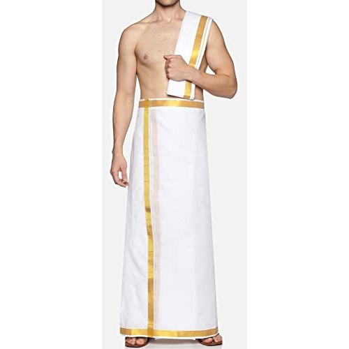 Tuni Mani Men's Cotton Welcro Dhoti With Angavastram/Pocket Vesti/Zari Border/White/Free Size Adjustable For All Size (Single Dhoti With Towel)