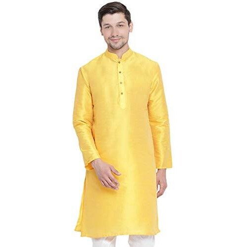Vm Mens Silk Blend Yellow Kurta - Elegance For Festivals & Events | Banarasi Silk With Slight Cotton Mix Solid Full Sleeves Chinese Collar Kurta | Classic Design, Premium Comfort, And Versatile Style