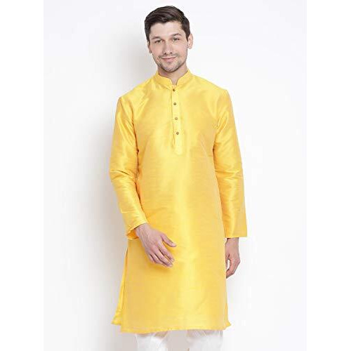 Vm Mens Silk Blend Yellow Kurta - Elegance For Festivals & Events | Banarasi Silk With Slight Cotton Mix Solid Full Sleeves Chinese Collar Kurta | Classic Design, Premium Comfort, And Versatile Style