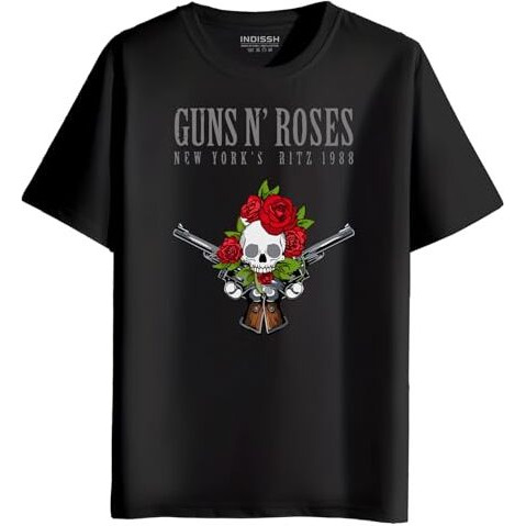 Indissh Music Band Gnr-A3 Printed Regular Half Sleeves Cotton T-Shirt - L | Black