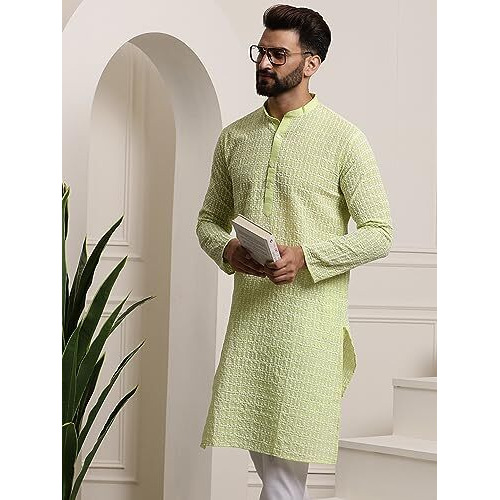 Sojanya (Since 1958 Men's Pure Cotton Green Long Kurta With White Embroidery