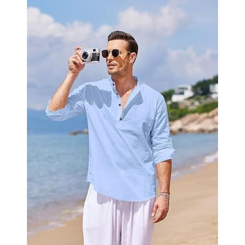 Zartha Men's Cotton Blend Casual Kurta Shirt (L, Sky Blue)
