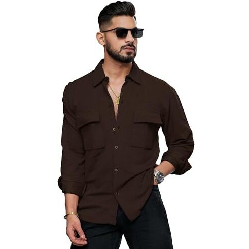 Maniac Mens Solid 2 Pockets Collared Neck Full Sleeve Brown Oversized Cotton Shirt