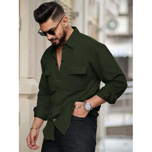 Maniac Mens Solid 2 Pockets Collared Neck Full Sleeve Brown Oversized Cotton Shirt
