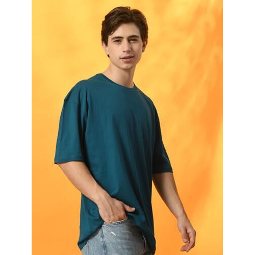 Fitinc Solid Round Neck Cotton Mens Tshirt |Oversized T Shirt For Man | Trendy Tees For Home & Casual Wear  Teal, Medium