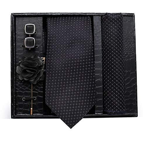 Nu-Lite Formal/Casual Printed Polyester Necktie Set With Pocket Square, Brooch Pin And Cufflinks For Men (Black), Free Size