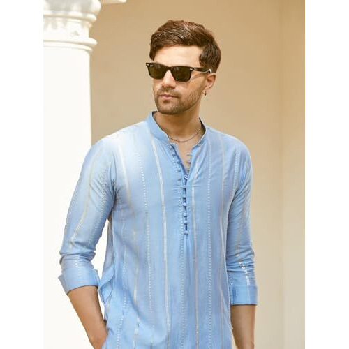 See Designs Men Full Sleeve Turquoise Blue Chanderi Silk Sequins Cotton Mandarin Collar Side Slit Kurta With Pyjama - Sd2Mkt_144401L
