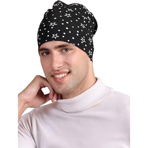 Mack Jonney Fabric Men's Cotton Beanie Cap (Pack Of 1) (Cap_Prt-No.1-Blk_01_Black_Free Size)
