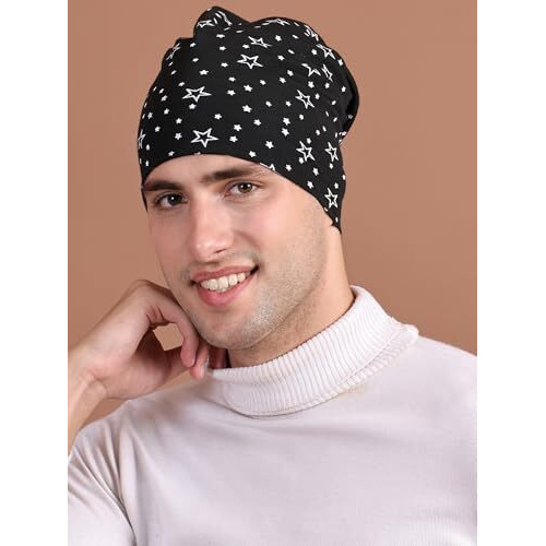 Mack Jonney Fabric Men's Cotton Beanie Cap (Pack Of 1) (Cap_Prt-No.1-Blk_01_Black_Free Size)