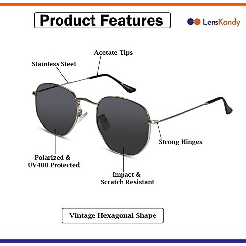 Lenskandy Metal Hexagonal Polarized Sunglasses For Men & Women Uv Protection | 3702-Silver