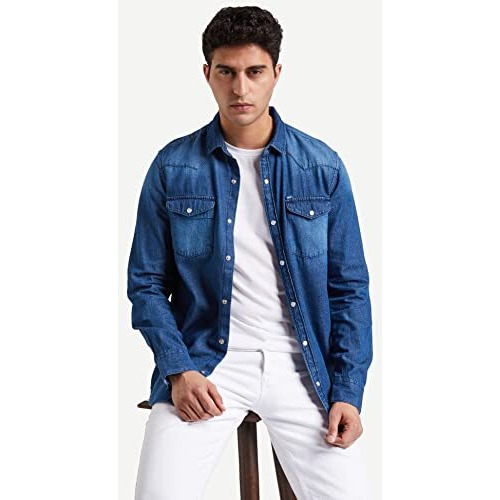 Amazon Brand - Inkast Denim Co. Men's Solid Slim Fit Full Sleeve Cotton Casual Shirt (In-S-01B_Medium Blue_Medium)