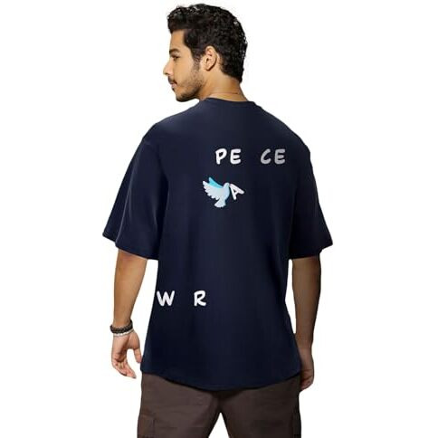 Bewakoof Men's Printed 100% Cotton T-Shirt - Oversized Fit, Round Neck, Half Sleeves Blue