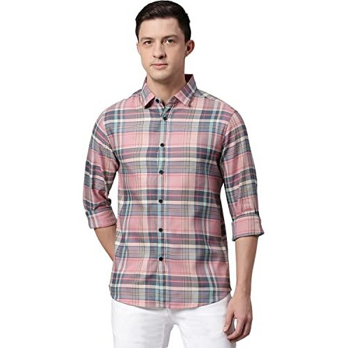 Dennis Lingo Men's Checkered Pink Slim Fit Casual Shirt With Spread Collar (Medium)