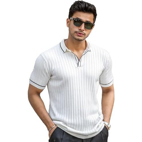 Maniac Mens Textured White & Black Polo Neck Half Sleeve Cotton Tshirt