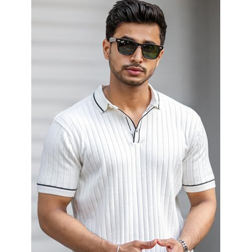 Maniac Mens Textured White & Black Polo Neck Half Sleeve Cotton Tshirt