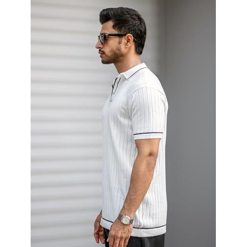 Maniac Mens Textured White & Black Polo Neck Half Sleeve Cotton Tshirt