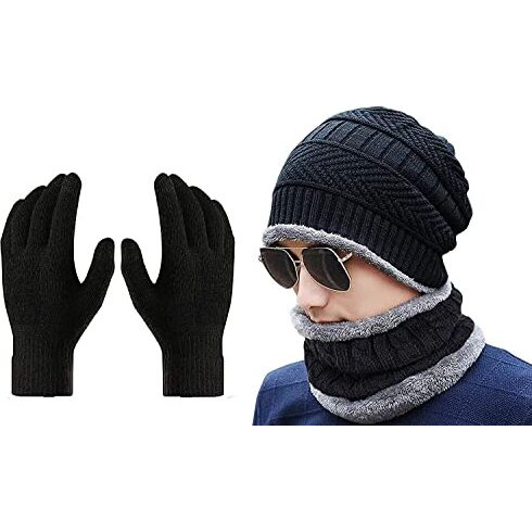 Creature Winter Knit Beanie Cap Hat Neck Warmer Scarf And Woolen Gloves Set For Men & Women (3 Piece) (Black)