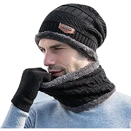 Creature Winter Knit Beanie Cap Hat Neck Warmer Scarf And Woolen Gloves Set For Men & Women (3 Piece) (Black)