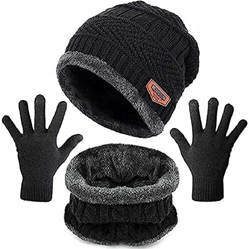 Creature Winter Knit Beanie Cap Hat Neck Warmer Scarf And Woolen Gloves Set For Men & Women (3 Piece) (Black)