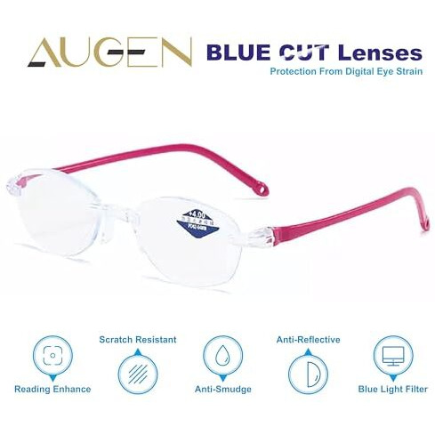 Augen Blue Block Rimless Reading Glasses Pink Clear Unisex Free Size Power (+2.50, Pack Of 1)