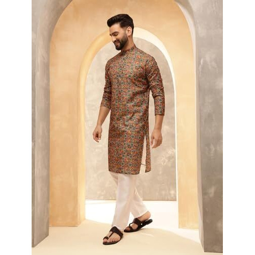 Sojanya (Since 1958 Men's Cotton Linen Kalamkari Printed Multi & Green Kurta With White Pyjama
