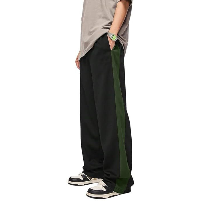 Sakhwala Mid Rise Track Pants For Men | Stripe Loose Fit Wide Leg Baggy, Plain Mid Rise Track Pant (In, Alpha, 2Xl, Regular, Black-Green)