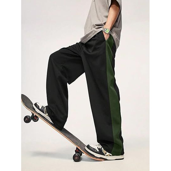 Sakhwala Mid Rise Track Pants For Men | Stripe Loose Fit Wide Leg Baggy, Plain Mid Rise Track Pant (In, Alpha, 2Xl, Regular, Black-Green)