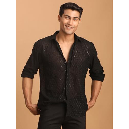 Vastramay Men's Black Georgette Ethnic Regular Fit Shirt | Embroidered Georgette Stylish Regular Fit Shirt | Ethnic Wear For Festivals, Weddings_Vasmsh209Bl_42