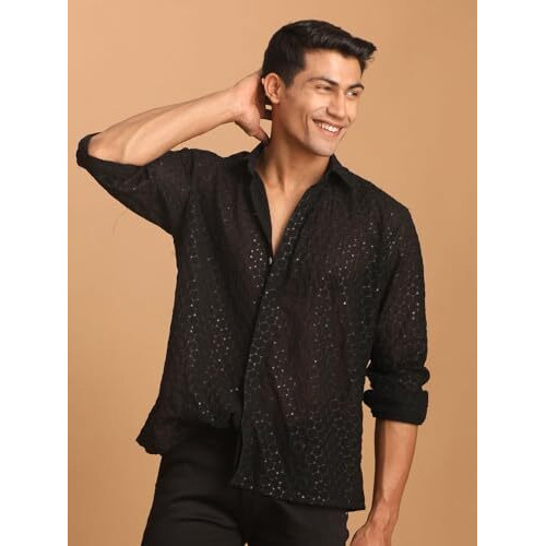Vastramay Men's Black Georgette Ethnic Regular Fit Shirt | Embroidered Georgette Stylish Regular Fit Shirt | Ethnic Wear For Festivals, Weddings_Vasmsh209Bl_42