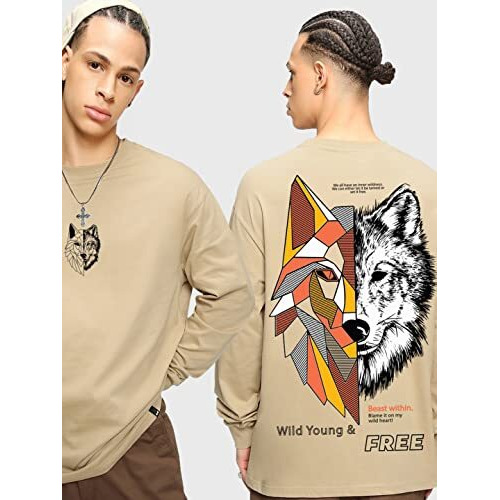 Bewakoof Men's Beast Within Graphic Printed 100% Cotton T-Shirt - Oversized Fit, Round Neck, Full Sleeves_581508_Brown_L