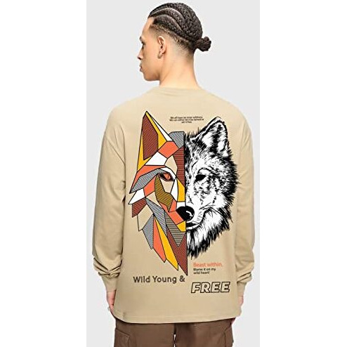 Bewakoof Men's Beast Within Graphic Printed 100% Cotton T-Shirt - Oversized Fit, Round Neck, Full Sleeves_581508_Brown_L