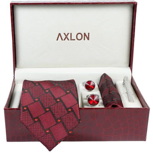Axlon Maroon Checkered Tie For Men  Formal Ties Set With Pocket Square, Cufflink & Tie Clip With Gift Box For Mens, Silk Fabric Neckties Gift Sets For MenS (Axrd_25)